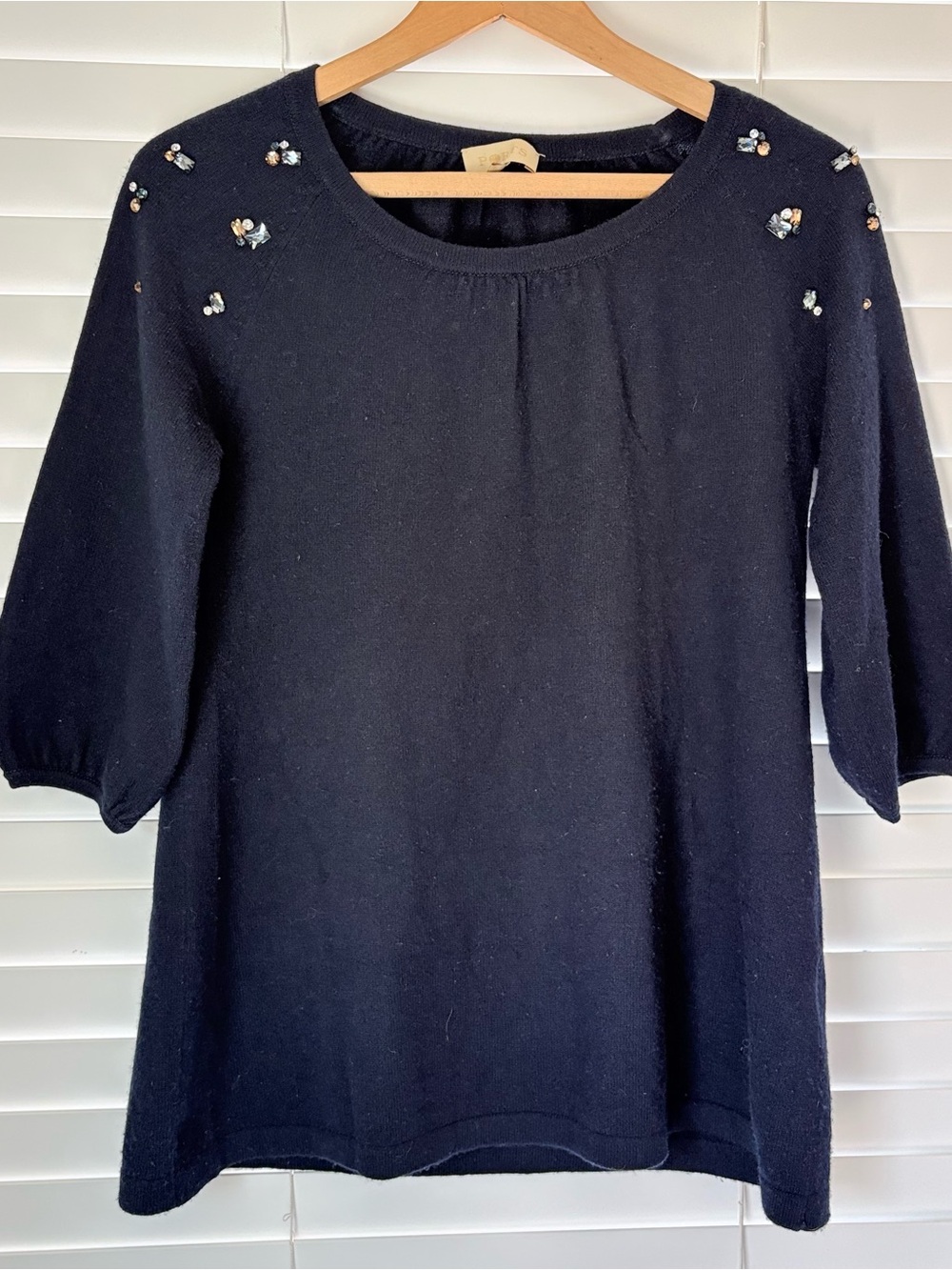 Ports 100% Cashmere Nave Blue Pullover Sweater Beaded 3/4 Sleeves Women’s Size S